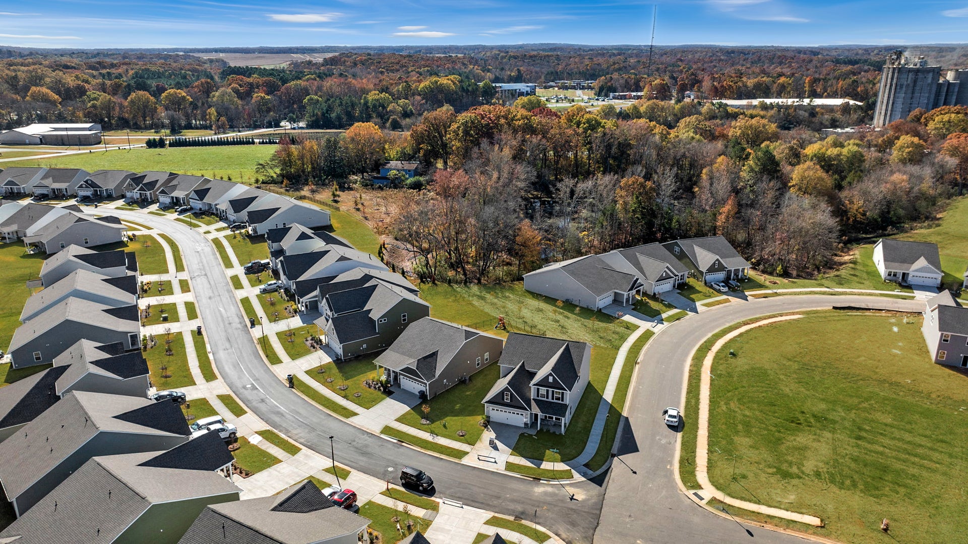 Aerial view of Waxhaw, NC neighborhoods and surrounding countryside